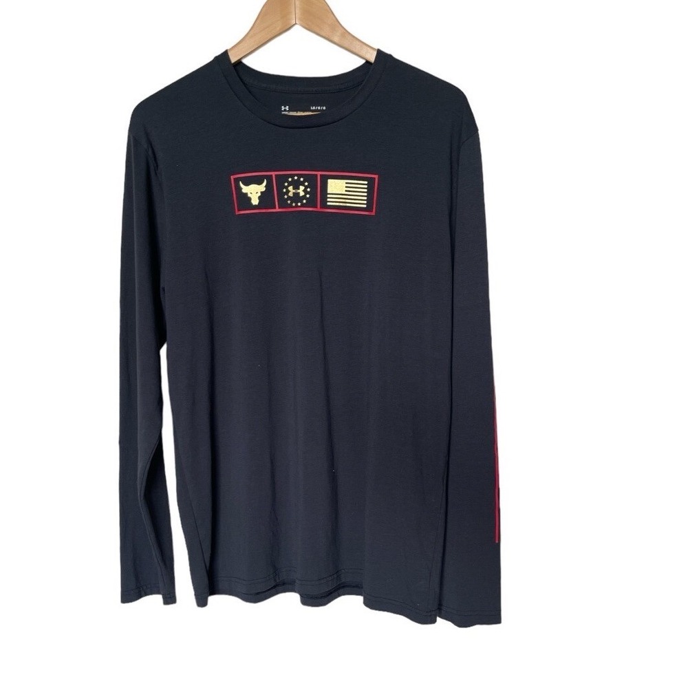 Under Armour Project Rock Long Sleeve Shirt Mens LG Navy USA Flag Respect
